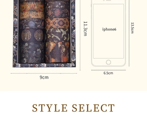 Size comparison of retro Washi tape set box against a mobile phone silhouette