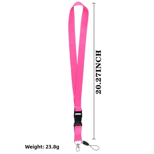 Detail view of pink polyester lanyard with quick release buckle and lobster clasp