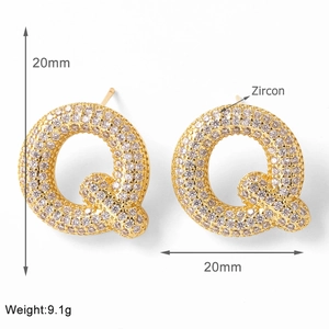 Detailed view of gold-plated letter Q stud earring featuring micro-pave cubic zirconia