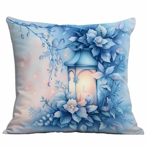 Detail of blue Christmas pillow case featuring winter lantern, candle and berry illustration