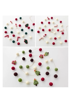 Detail showing wool felt Christmas garland with Santa, tree, and colorful balls