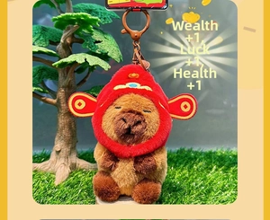 Macro detail of plush capybara keychain wearing a red traditional fortune god hat