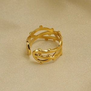 Detailed macro of gold 18K stainless steel ring with elegant streamline cutout design