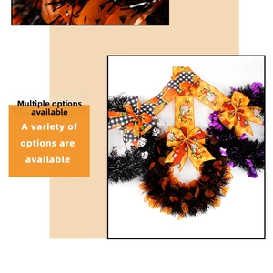 Detail of Halloween wreaths featuring festive bows and colorful tinsel decorations