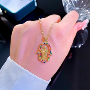 Titanium steel Hamsa necklace featuring a gold portrait pendant with multicolor zircons