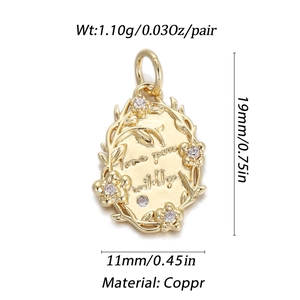 Gold oval copper pendant with floral embossing and zircon for DIY jewelry making
