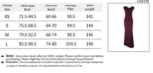 Size chart detail for bodycon satin evening gown with bust, waist, and hip measurements