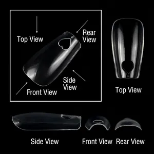 Transparent coffin nail tips with heart cutout design shown from four distinct viewpoints