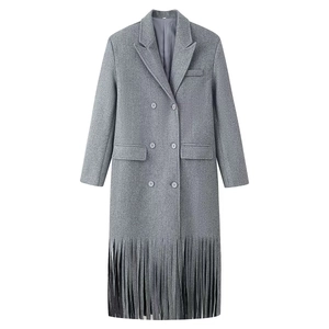 Cappotto Lungo In Lana Da Donna Doppio Petto Orlo Con Frange Collo Revers Vestibilità Comoda Elegante Autunno Inverno