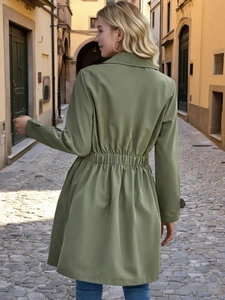 Elegant olive green mid-length trench coat with elastic waist and classic collar design