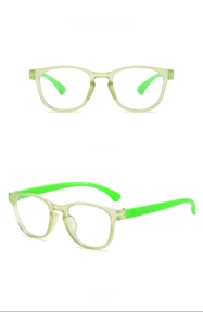 Front and side views of children's blue light glasses in two-tone green frames