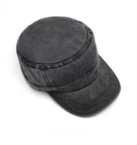 Top view of washed cotton flat top cadet cap in vintage grey with reinforced stitching