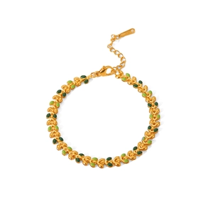 18K gold plated stainless steel bracelet with green enamel olive leaf links and lobster clasp