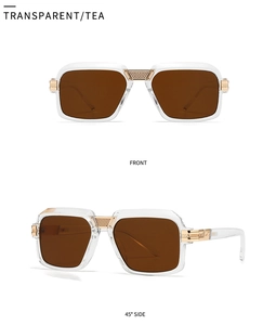 Detailed macro of vintage square sunglasses with textured gold metal bridge and hinges