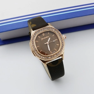 Octagonal Women Quartz Watch With Rhinestone Bezel Alloy Case Floral Printed Leather Strap Fashion Luxury Wristwatch