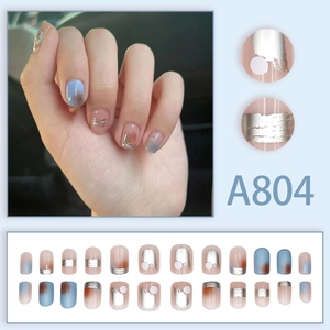Short blue and brown gradient press-on nails with silver metallic texture A804