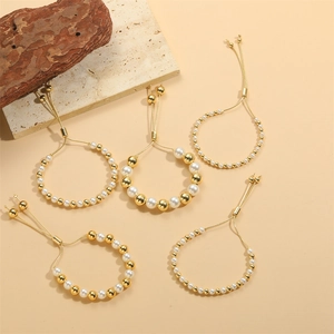 Set of 5 minimalist 14K gold plated beaded bracelets with pearls and adjustable cords