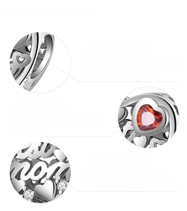 Detailed view of S925 sterling silver mom heart charm with cubic zirconia inlay