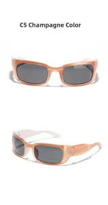 Front and side views of champagne rectangular sunglasses with dark grey polarized lenses