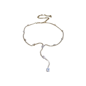 Elegant gold Y-shaped necklace with sparkling rhinestones and water drop tassel pendant