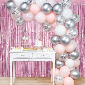 Pink and silver balloon arch kit with foil fringe curtain for party background decoration