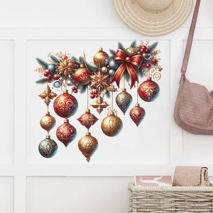 Christmas ball wall stickers with festive red and gold ornaments on white wall