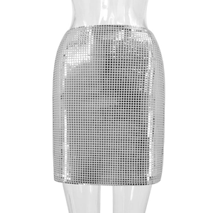 Slim fit silver sequin mini skirt with sparkling mesh pattern for women party wear