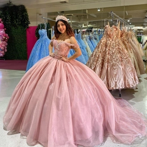 Pink Quinceanera Ball Gown Off The Shoulder Glitter Tulle Lace Applique Sequin Beaded Elegant Formal Evening Dress