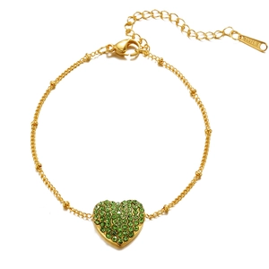 Minimalist 18k gold plated stainless steel heart bracelet with green crystal pavé stones
