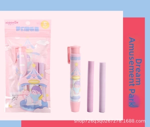 Detail of retractable eraser pen set with carousel theme and refillable cores