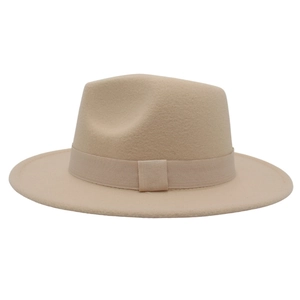 Close-up of beige fedora wool felt hat with matching grosgrain ribbon detail