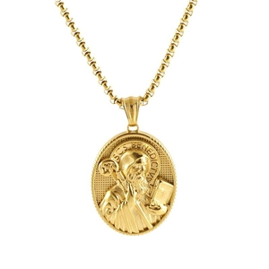 Vintage 18K gold plated stainless steel 3D St. Benedict religious medallion necklace