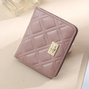 Pink quilted leather women short wallet with gold metal lock and minimalist square design