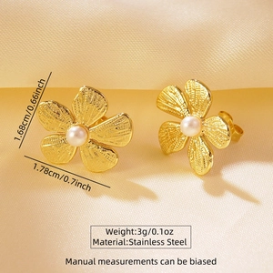 Detailed view of golden flower pearl earrings with dimensions 1.68cm by 1.78cm