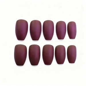 Matte burgundy long coffin press-on nails set with metallic texture on white background