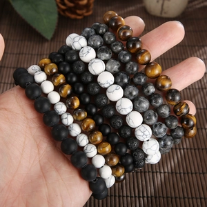 Handmade tiger eye and lava stone beads bracelet with titanium lion head charm