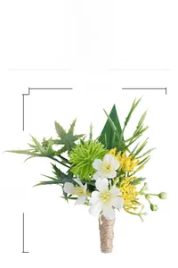 Detail of forest style boutonniere with white flowers and twine wrapped handle