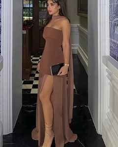 Detailed view of elegant brown strapless dress with high side slit and neck scarf scarf