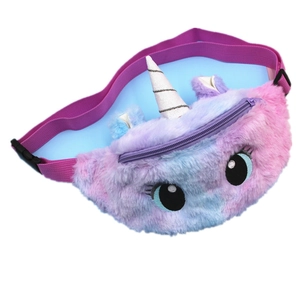 Unicorn cartoon plush fanny pack for girls with gradient faux fur and adjustable strap