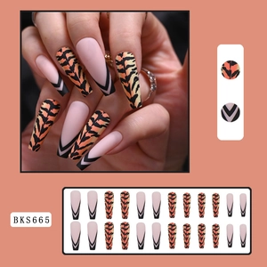 Detail view of tiger print and V-shaped French tip long press-on nails set BKS665