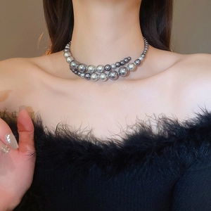 Close-up of double-layer gray gradient pearl necklace worn on model's neck