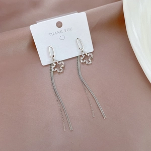 Macro detail of long silver tassel earrings with sparkling zircon star and thank you card