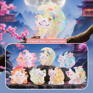 Macro display of nine-tailed fox cartoon blind box figures set in dreamlike pastel colors