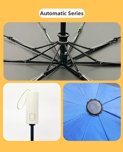 Detail of automatic folding umbrella with reinforced black frame and white handle