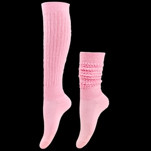 Pink ribbed thick terry slouch socks shown in both extended and stacked styles