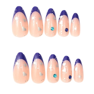 Blue French almond press-on nails with silver stars, heart patterns and blue rhinestones