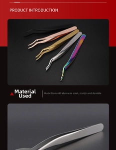 Macro detail of high-quality 430 stainless steel eyelash tweezers set in five metallic colors