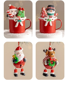 Detailed Christmas ornaments featuring Santa, reindeer, and snowmen with bells in a festive set