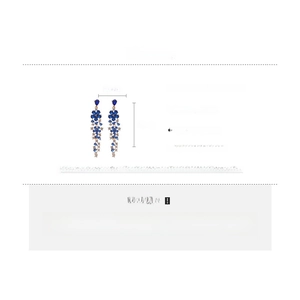 Detailed dimensions of sparkling blue flower tassel earrings with silver needles