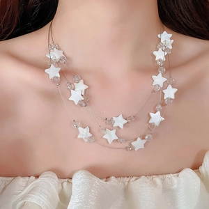 Détail d'un collier multicouche à pendentif coquillage en cristal sur un mannequin